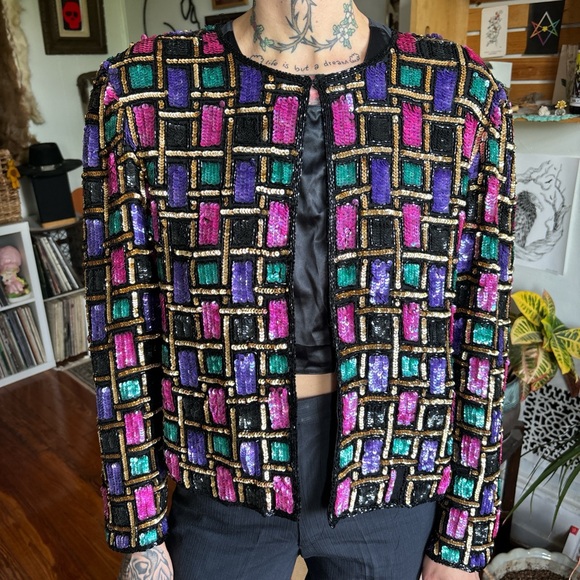 Papell Boutique Jackets & Blazers - Vintage 80s 90s Silk Checkered Sequin Blazer Jacket by Papell Boutique ~ Size M